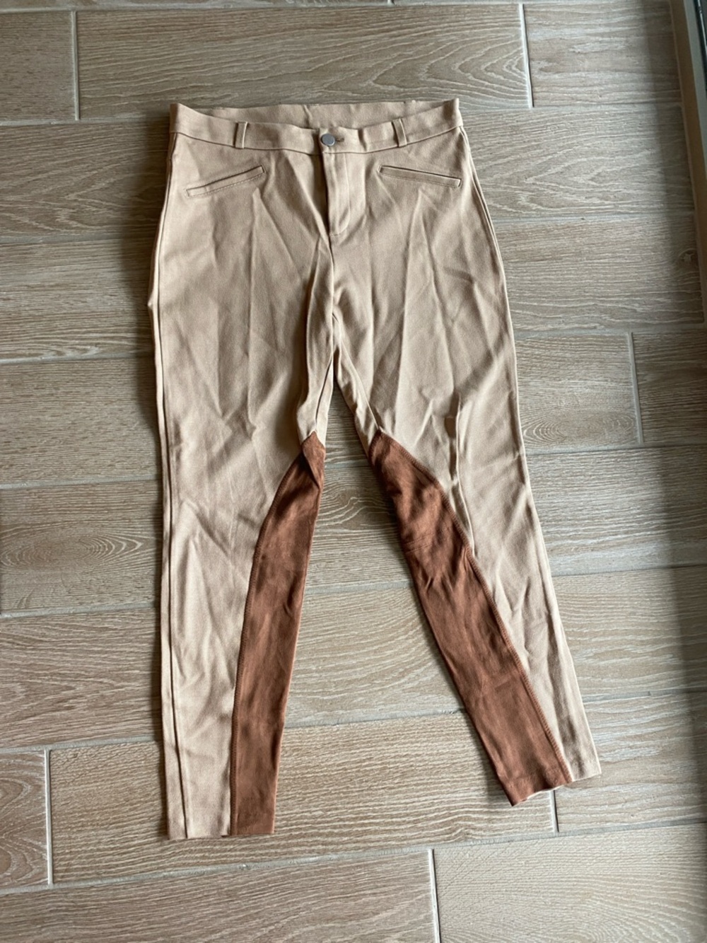 Zara Beige Chino Riding-Style Pants with Brown Gussets